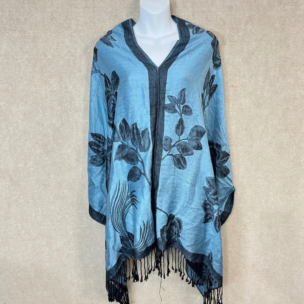 Unbranded Poncho Shawl Women OS Blue Reversible Jacquard Floral Peacock Fringe - Picture 4 of 4